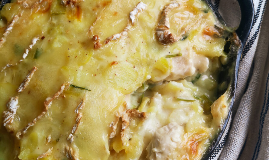 Gratin de pommes de terre, côtes de blette, poulet et camembert