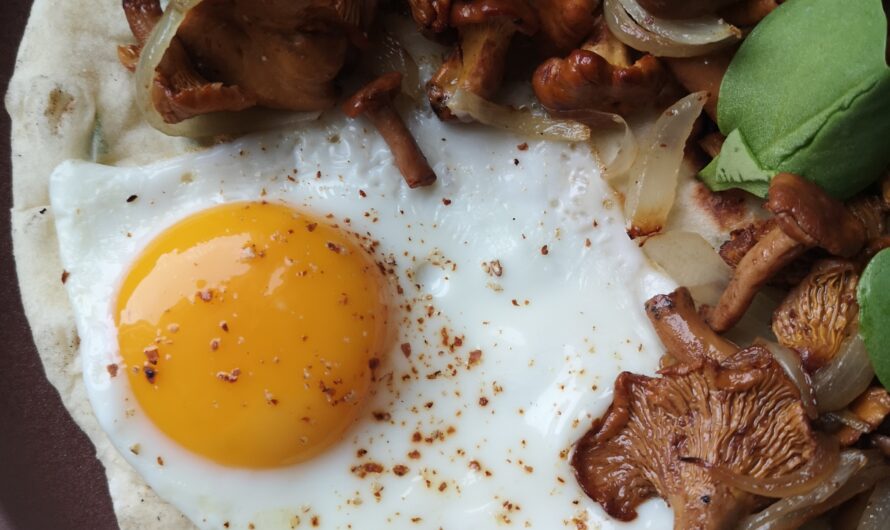 Naan aux fanes de radis, champignons et oeuf au plat