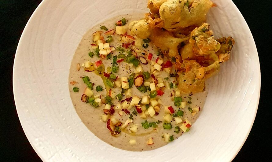 Velouté de parures de céleri, beignets de feuilles de céleri de Julien Allano